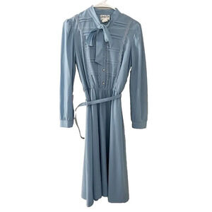 Vtg 70s Jennifer Gee Womens Blue A Line Dress 10 Lace Pleated Long Sleeve Belt